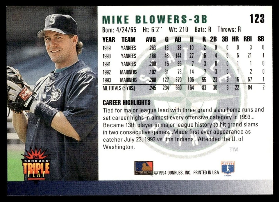 1994 Triple Play Mike Blowers Seattle Mariners #123 - Image 2 of 2