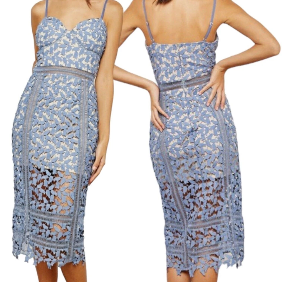 Vestido midi de encaje a ganchillo BLOOMINGDALE'S funda cuello corazón coqueta azul Foto 2 de 4