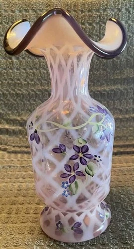 Fenton Pink Chiffon Opalescent Diamond Optic Vintage HP Pinch Vase. Sig by artis