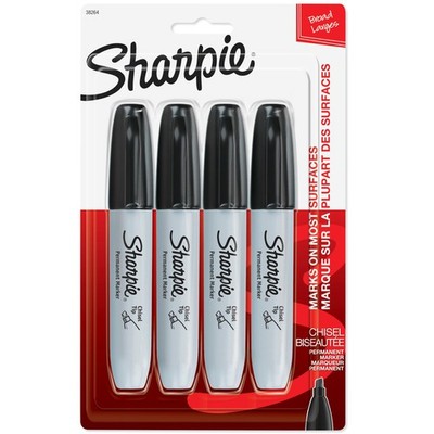Permanent Markers, Large, Chisel Tip, Black, 4 Count - Marks on Paper, Plasti...