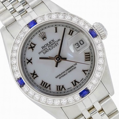 Rolex Datejust Stainless Steel White Roman Dial Diamond Sapphire Bezel Watch