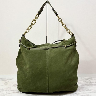Coach Suede Bucket Chain Bag Green Leather Used Excellent