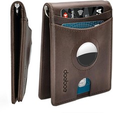 doeboe AirTag Wallet Holder, Genuine Leather Credit Card Bifold Wallet with Mon