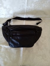 Vintage Black Leather Fanny Pack Bum Bag 1980s-90s Adjustable 6 Zippered Pockets