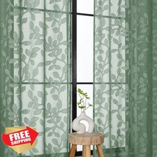 OVZME Sage Green Sheer Curtains 52x84" 2 Panels Jacquard Leaf Pattern