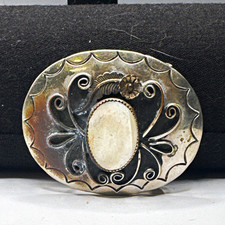 Vintage Western Floral Oval Belt Buckle Silver Tone White Stone 1.5 Inch