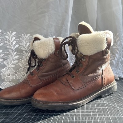 LL Bean Shearling Lined Leather Lace Up Boots Brown Women s Size 41 US 8.5 Italy