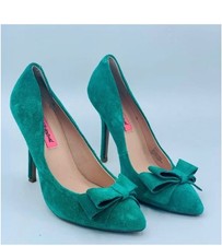 Betsey Johnson Vintage 6 Rare Green Leather Suede Heels Pointy Toe Bow Shoes