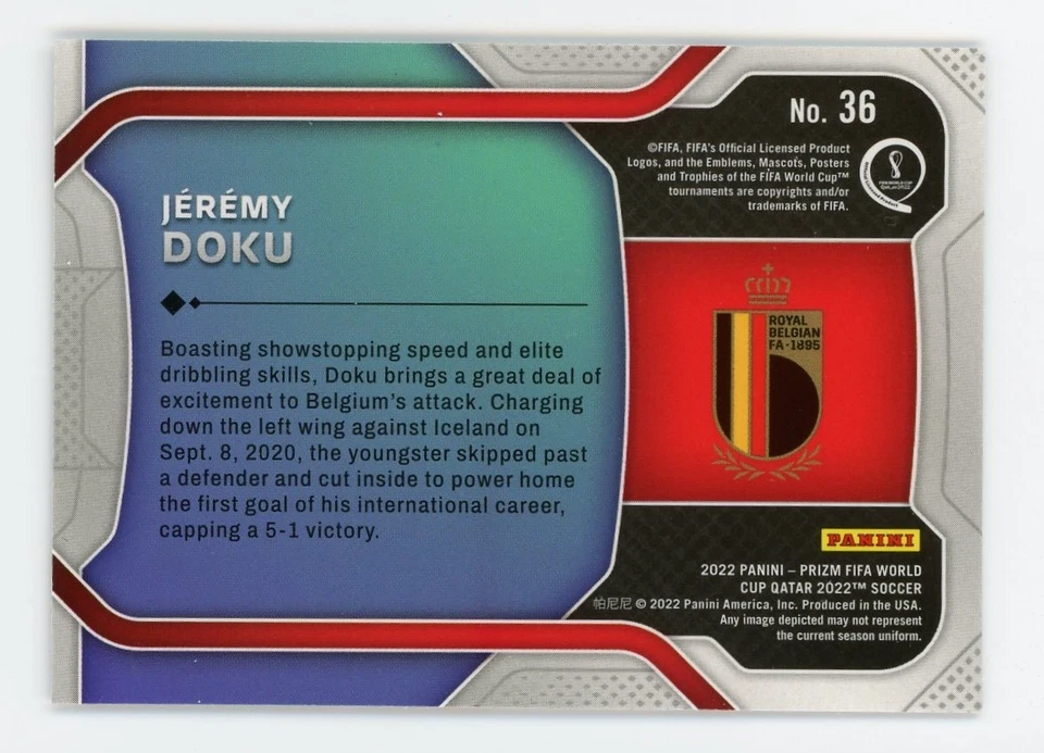 2022 Panini Prizm FIFA World Cup New Era Jeremy Doku #36 - Image 2 of 2