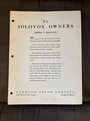 Hammond Solovox Model J Owners Manual 18pp Vintage Tone Cabinet Service Guide