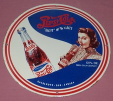 Vintage Pepsi Cola Round Porcelain Enamel Sign Outremont, Quebec Canada