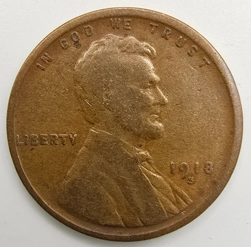 1918 S Lincoln Wheat Cent VF Planchet Flaw REV Copper Penny Type Coin Mint Error