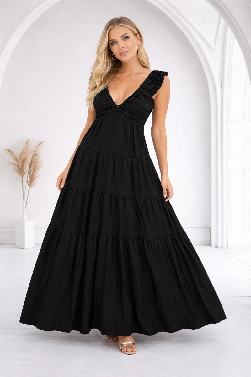 jason wu black maxi dress Jason Wu NWT Tiered Linen Blend Pleated Maxi Dress Black Womens Size Medium $385