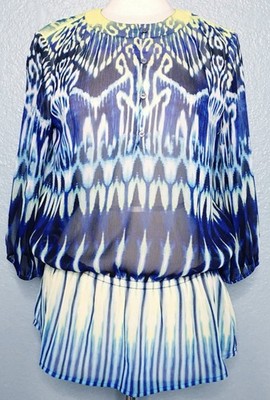 Chico's Ikat Hippie Blue/Yellow/White Print Elastic Waist Blouse Size 1   #7-001