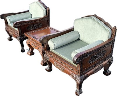 Vintage Pair Thai-Burmese Teak Chairs w/Matching Table