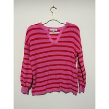 Loft Womens Pink Red Striped Cotton Knit V-Neck Puff Sleeve Sweater XS