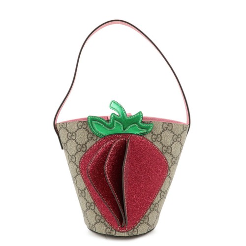 Autentica borsa a secchiello Gucci GG Supreme in pelle fragola beige rosa