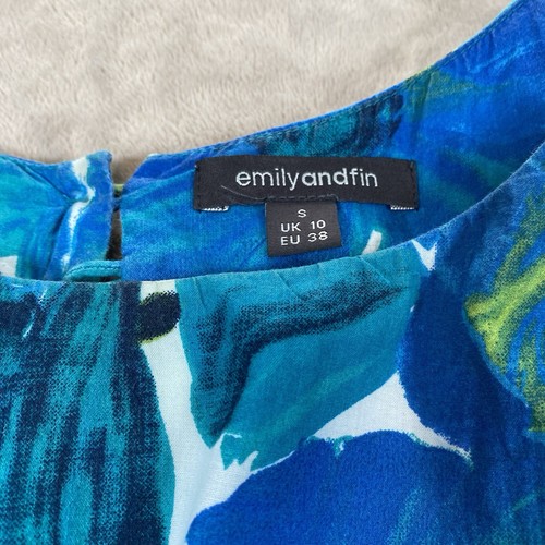 Emily and Fin Fit & Flare Dress S Blue Green Floral Cotton Lined READ Retro - Picture 2 of 9