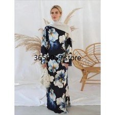 Eid Print Dress Women Abaya Flower Dubai Arab Muslim Jalabiya Ramadan Vestidos L