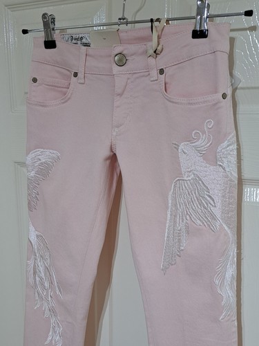 Dondup Jeans Birds of Paradise W25 L32 Low Rise Skinny Stretch Embroidered Pink - Picture 5 of 21