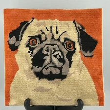 1970s Pug Dog Wool Needlepoint Pop Art Orange Graphic Portrait 9″ Panel VTG