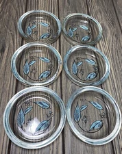 Vintage Anchor Hocking Salem Blue Leaf Glass Coasters Set of (6)