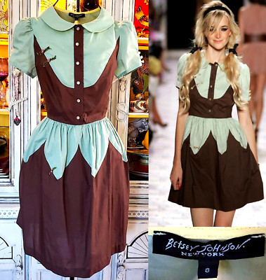 Vintage Betsey Johnson New York Y2k 2006 Runway Mint Brown Peter Pan Dress 8 S M