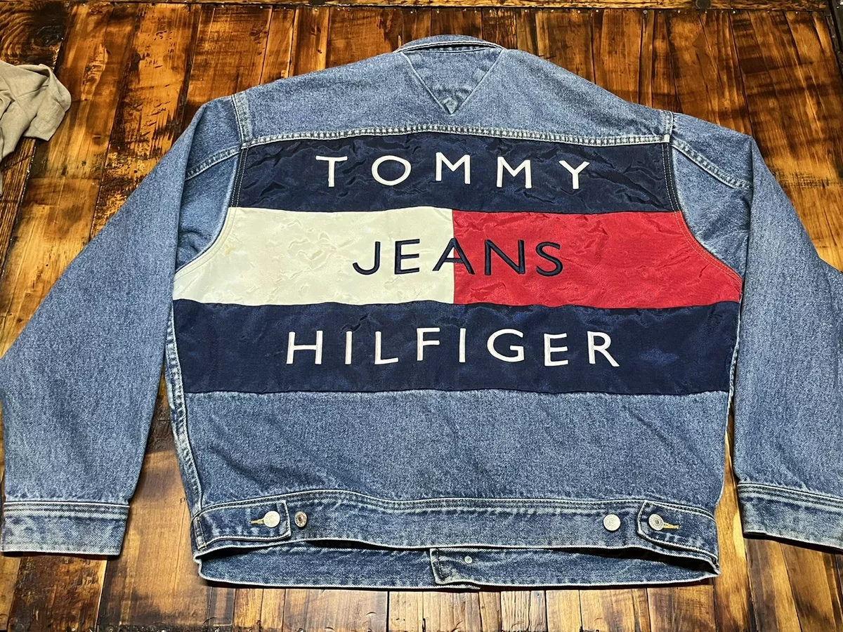 Hilfiger Jeans Denim Jacket HUGE LOGO Streetwear Hip Hop RARE Sz XL Nike | eBay