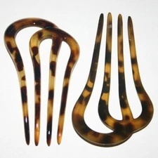 Hair Pick Fork Bun Stick 4 Teeth Prong Women Spot Tortoise Brown Made in France