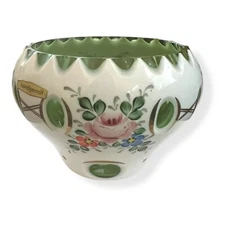 Moser Style Glass Bowl Czech Bohemian White Overlay Cut to Green Hand Painted