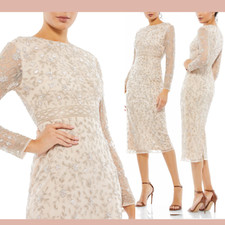 NWT MAC DUGGAL [ 6 ] 10812 Sheer Sleeves Beaded Tea Length Dress Porcelain J1100