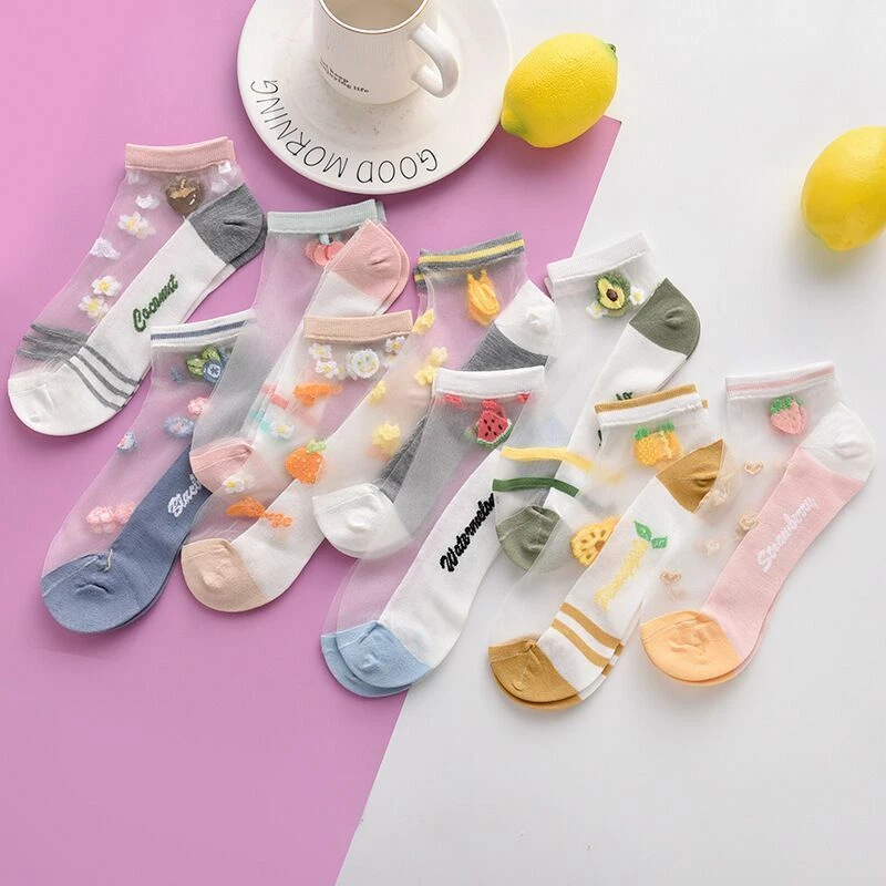 5 pares de calcetines transparentes de seda de encaje de frutas para mujeres niñas informales delgados de verano nuevos Foto 2 de 4