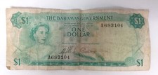 1965 Queen Elizabeth The BAHAMAS Government $1 Dollar Banknote No. A683104
