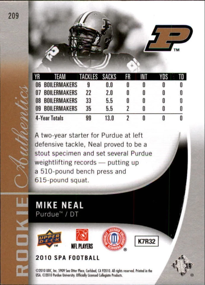 B2917- 2010 SP Authentic #209 Mike Neal RC /999 SAMPLE PIC - Image 2 of 2