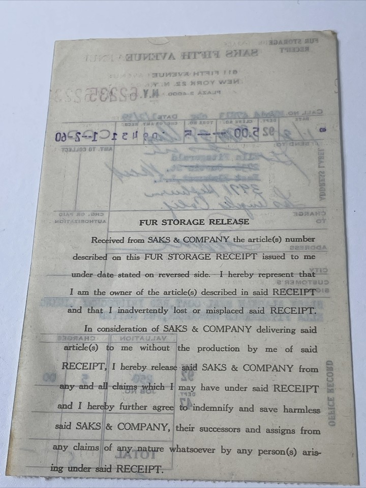 Ella Fitzgerald Saks Fifth Avenue Receipt "Queen of Jazz" 1959 READ