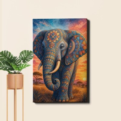 Elephant Mandala Canvas Print Savanna Sunset Wildlife Portrait
