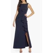 Eliza J Navy Ruffle Front Sleeveless Bateau Neck Evening Cocktail Gown Size 6