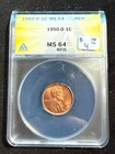 1950 D LINCOLN WHEAT CENT ANACS MS 64 RD 148