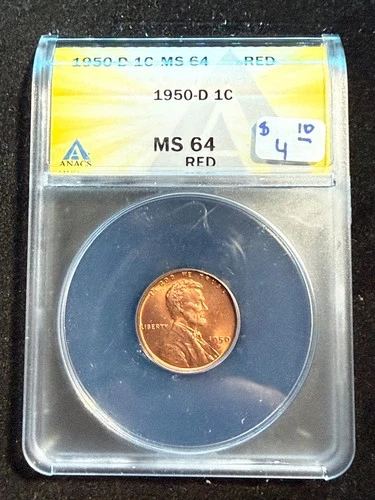 1950 D LINCOLN WHEAT CENT ANACS MS 64 RD 148