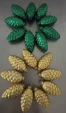 18 Pine Cones Gold & Green Glitter Molded Plastic Ornaments Shatterproof FREESHP