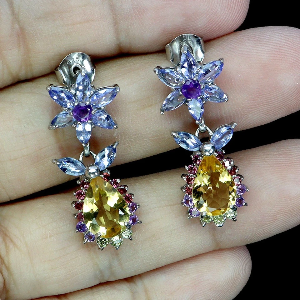 925 Sterling Silver Earrings Pear Citrine 9x7mm Tanzanite Gemstone Jewelry - Image 2 of 4