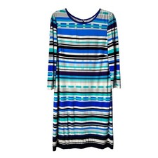 Eliza J Dress Size 14 Blue White Geometric Striped 3/4 Sleeve Knit Casual Shift