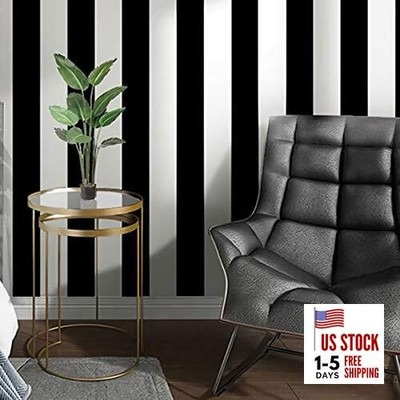  Stripe Black and White Peel and Stick Wallpaper Self 17.7'' x 118'' Black/White
