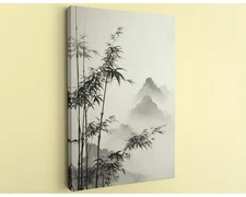 Bamboo Ink Painting Asian Wall Art Japanese Style Misty Mountains Canvas