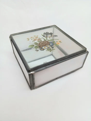 Vtg Glass Metal Leaded Trinket Jewelry Box Hinged Stained Glass Mirror Bottom