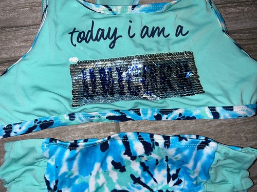 Justice Girls Aqua Turqoise Flip Sequin 2 Piece Bikini - Size 8 - Picture 2 of 5