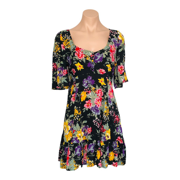 AUGUSTE Odette Jean A-Line Mini Dress Flutter Sleeves Black Floral Size AU 8