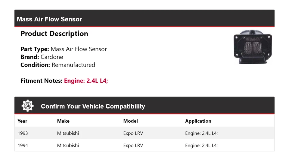 Sensor de fluxo de ar em massa Cardone para 1993-1994 Mitsubishi Expo LRV 2.4L L4 - Imagem 2 de 4