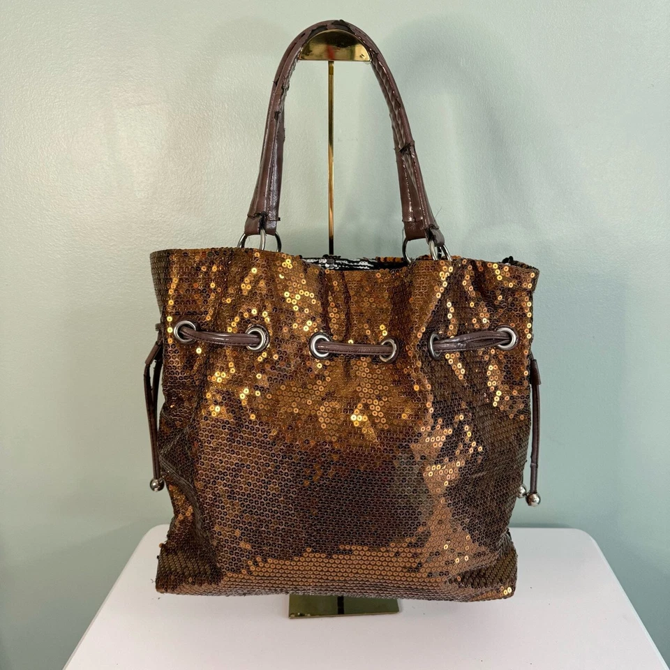 NICOLE LEE Shoulder Bag Womens Golden Sequins Rhinestones Drawstring Brown USA - Image 2 of 4