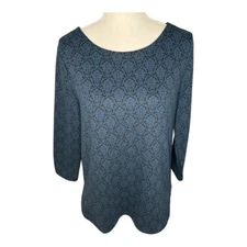 LOFT Women's Medium 3/4 Sleeve Jacquard Blouse Blue/Black